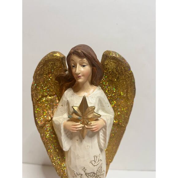 12" Angel Holding star with glitter wings and nativity Feels wooden - Picture 2 of 4